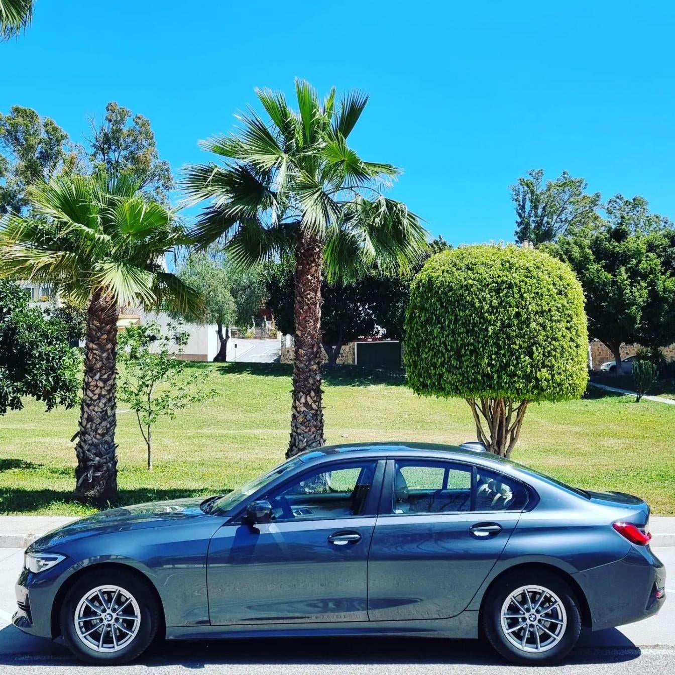 Silver BMW 320d sedan for rent in Marbella – automatic diesel with 190 HP and sleek modern design.