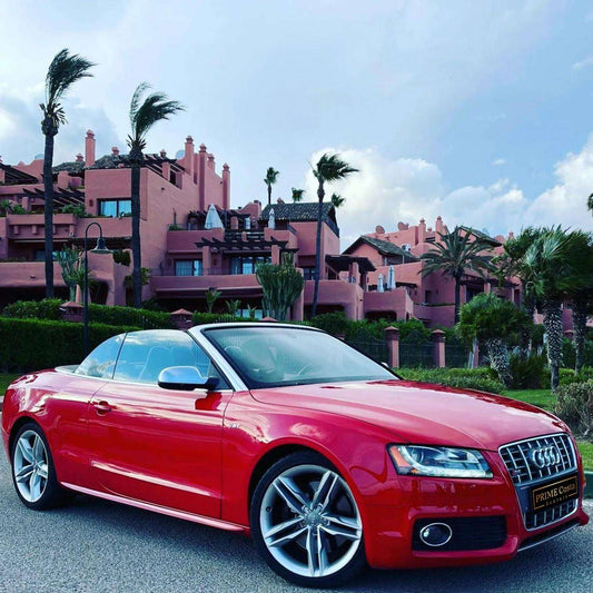 Red Audi S5 Cabrio for rent in Marbella – 3.0L automatic 4WD convertible with 333 HP, 5 seats.