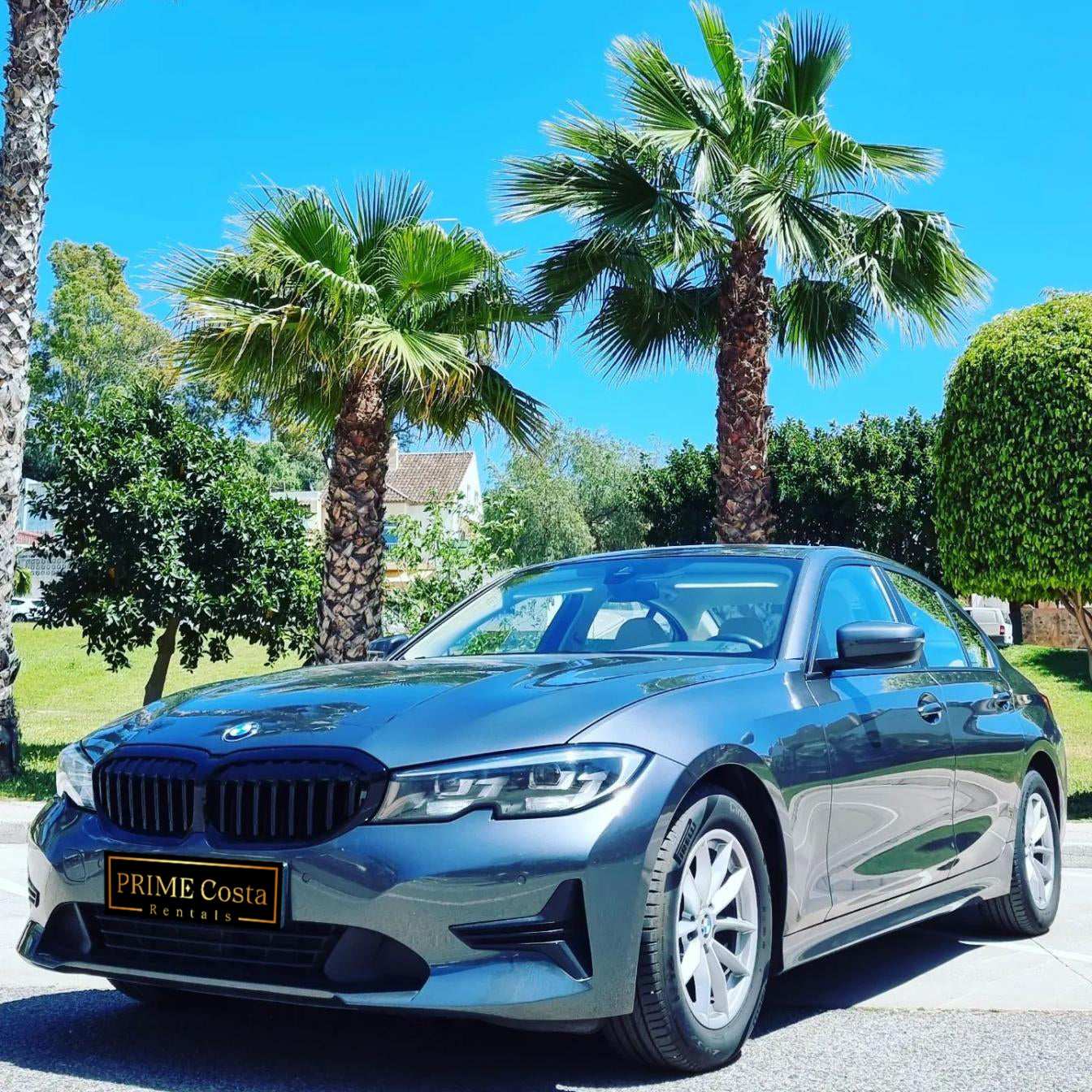 Silver BMW 320d sedan for rent in Marbella – automatic diesel with 190 HP and sleek modern design.