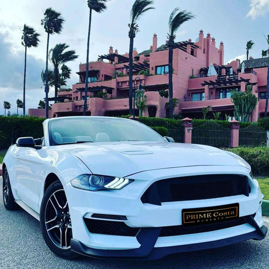 Ford Mustang Cabrio 2.3L turbo convertible for rent in Marbella – 350 HP, automatic, open-top driving.