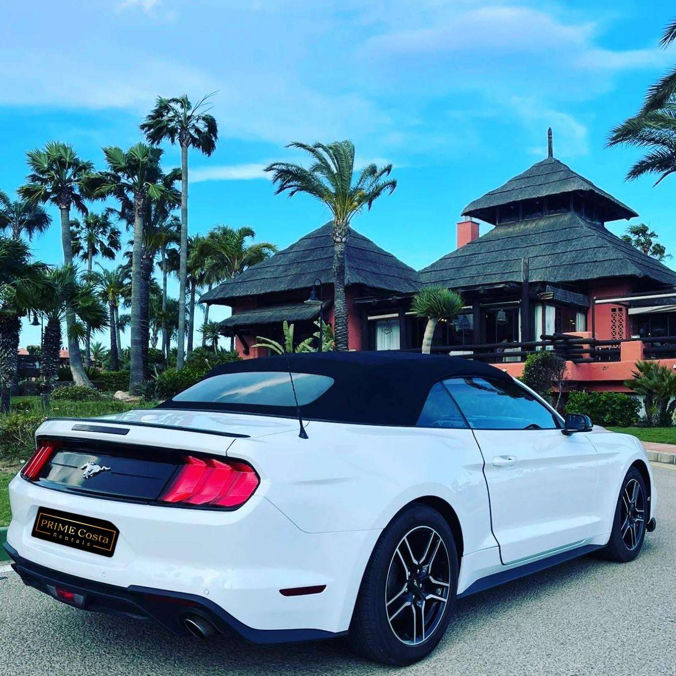 Ford Mustang Cabrio 2.3L turbo convertible for rent in Marbella – 350 HP, automatic, open-top driving.