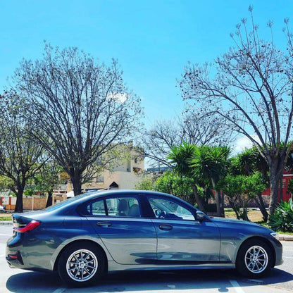 Silver BMW 320d sedan for rent in Marbella – automatic diesel with 190 HP and sleek modern design.
