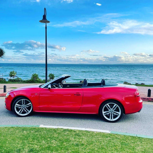Red Audi S5 Cabrio for rent in Marbella – 3.0L automatic 4WD convertible with 333 HP, 5 seats.