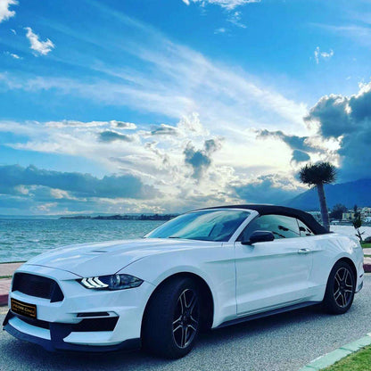 Ford Mustang Cabrio 2.3L turbo convertible for rent in Marbella – 350 HP, automatic, open-top driving.