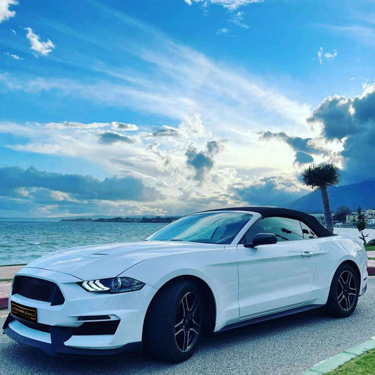Ford Mustang Cabrio 2.3L turbo convertible for rent in Marbella – 350 HP, automatic, open-top driving.