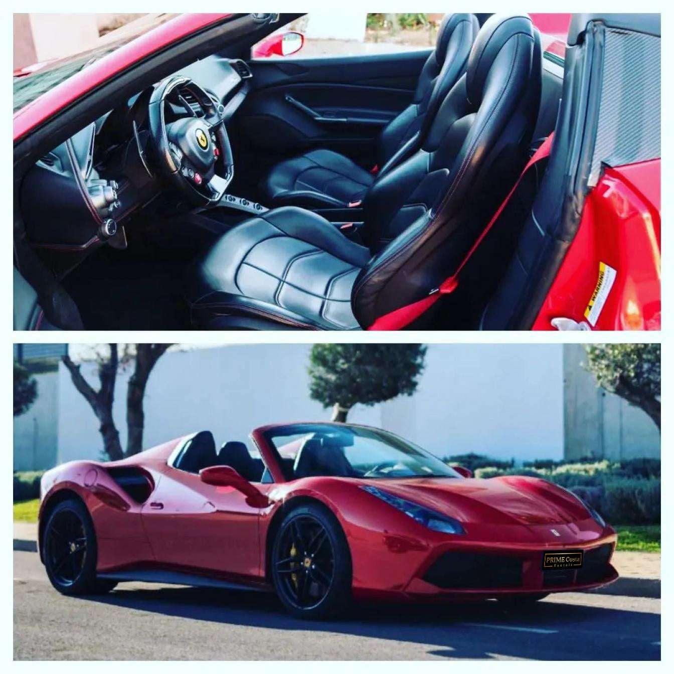 Red Ferrari 488 Spider for rent in Marbella – 720 HP, 3.9L V8 automatic supercar convertible with 2 seats.