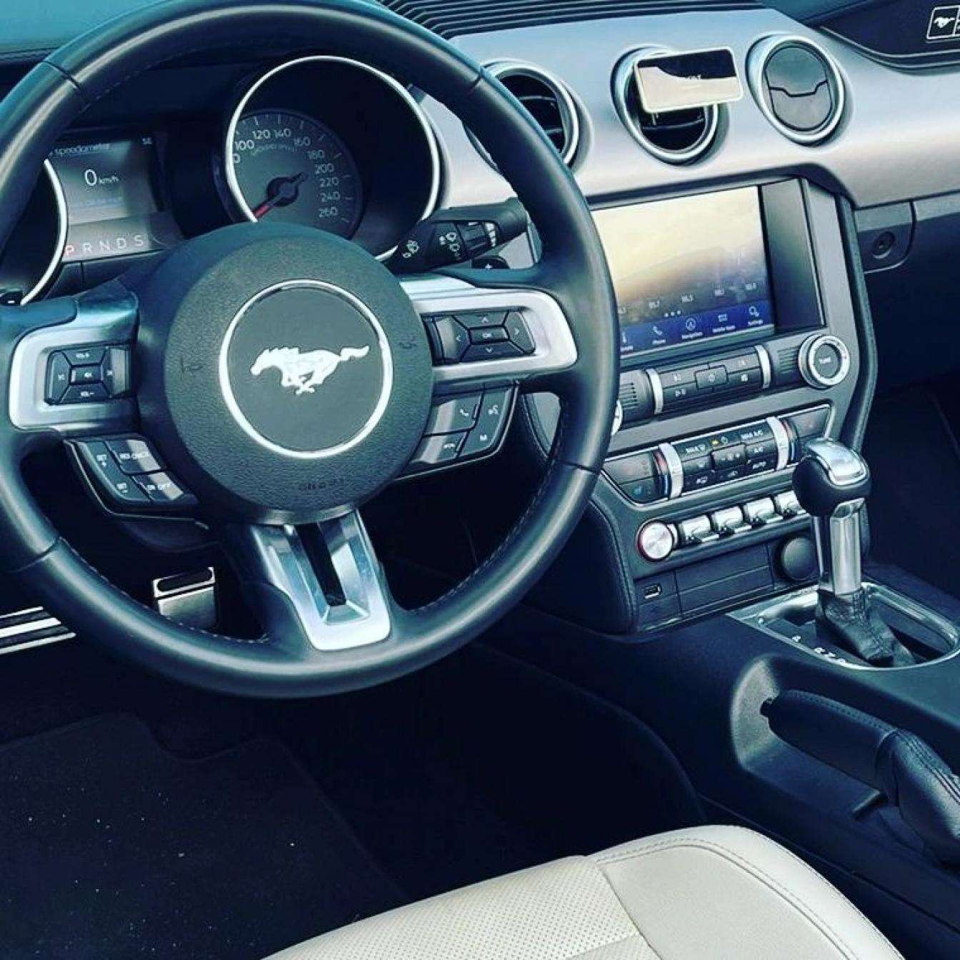Ford Mustang Cabrio 2.3L turbo convertible for rent in Marbella – 350 HP, automatic, open-top driving.