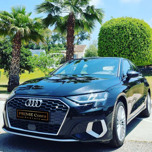 Black Audi A3 30 TFSI hatchback for rent in Marbella – automatic, 5-seater small car.