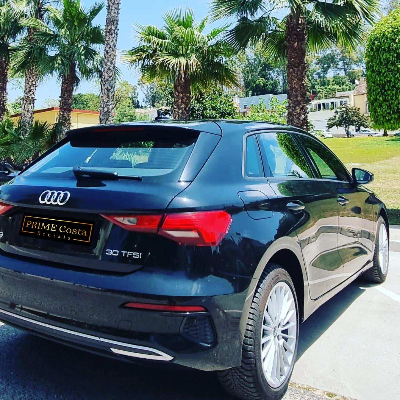 Black Audi A3 30 TFSI hatchback for rent in Marbella – automatic, 5-seater small car.