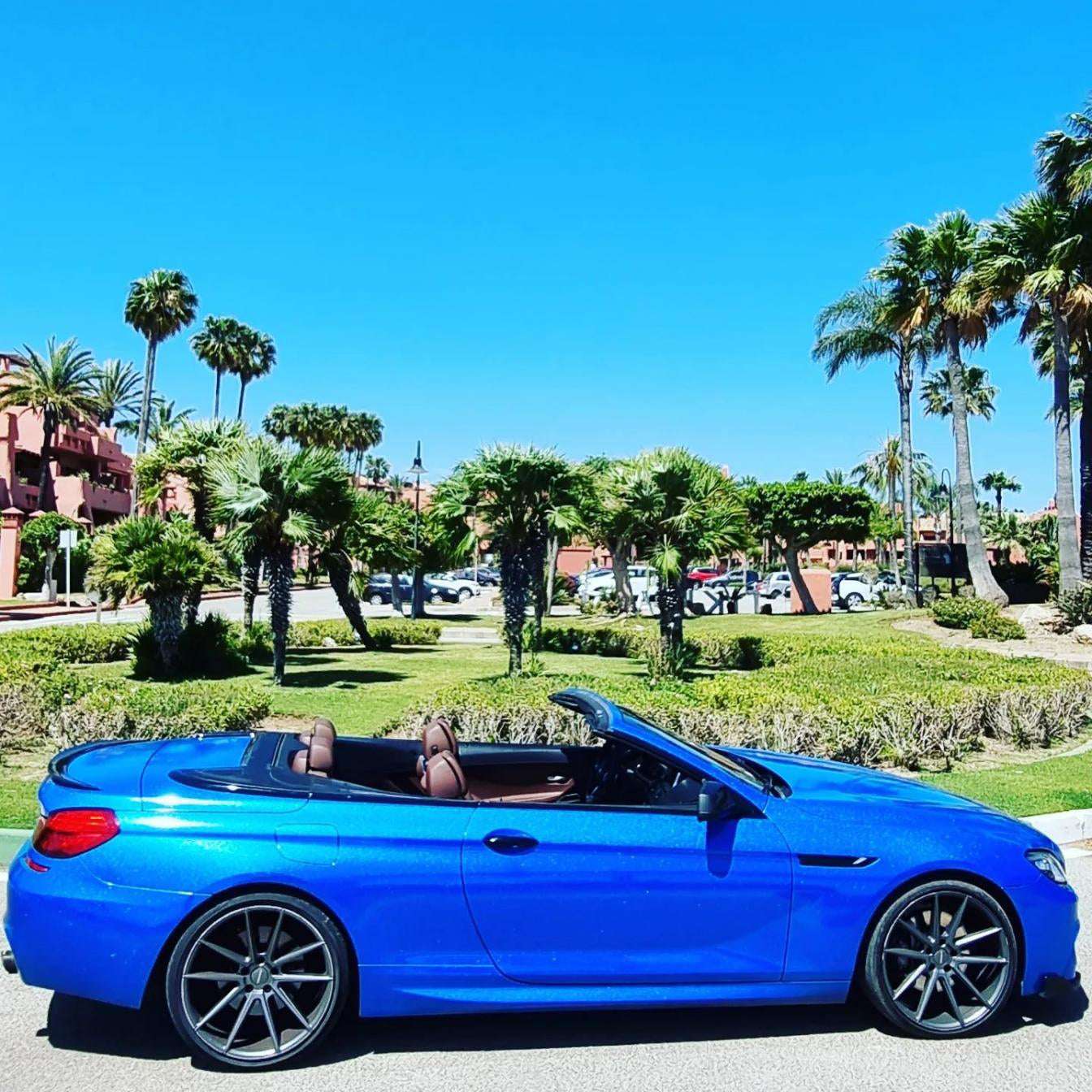 Blue BMW 640i Cabrio convertible for rent in Marbella – 3.0L automatic, 4 seats, luxury open-top driving.