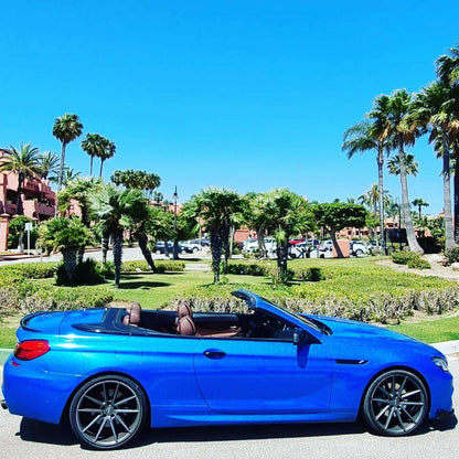 Blue BMW 640i Cabrio convertible for rent in Marbella – 3.0L automatic, 4 seats, luxury open-top driving.