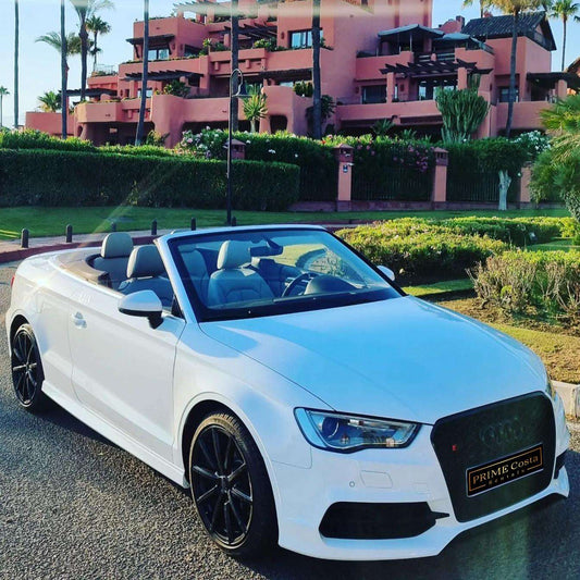 White Audi S3 Cabrio for rent in Marbella – 230 HP, 2.0L automatic convertible with 4 seats.