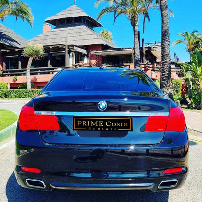 Black BMW 740Li limousine sedan for rent in Marbella – 3.0L automatic luxury car with seating for 5.