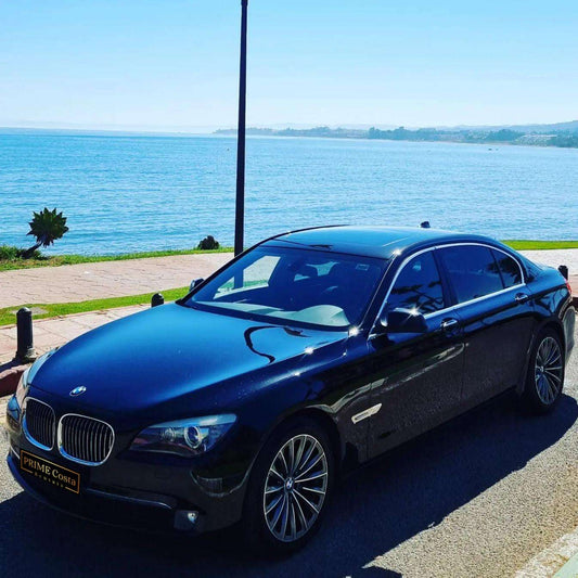 Black BMW 740Li limousine sedan for rent in Marbella – 3.0L automatic luxury car with seating for 5.