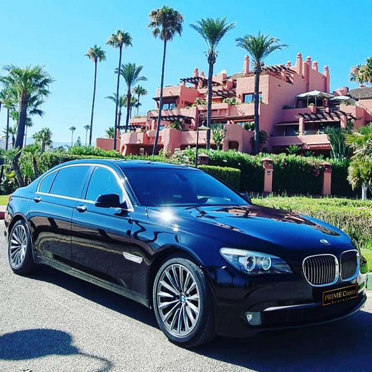 Black BMW 740Li limousine sedan for rent in Marbella – 3.0L automatic luxury car with seating for 5.