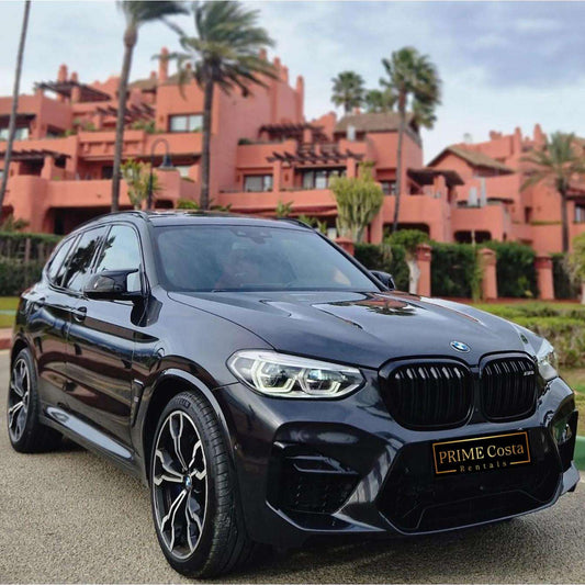 Black BMW X3 M Competition SUV for rent in Marbella – automatic, 5-seater, sporty high-performance vehicle.
