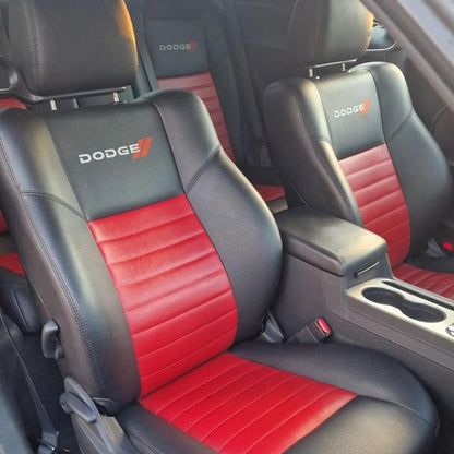 Black and red Dodge Challenger for rent in Marbella – automatic American muscle sedan.

