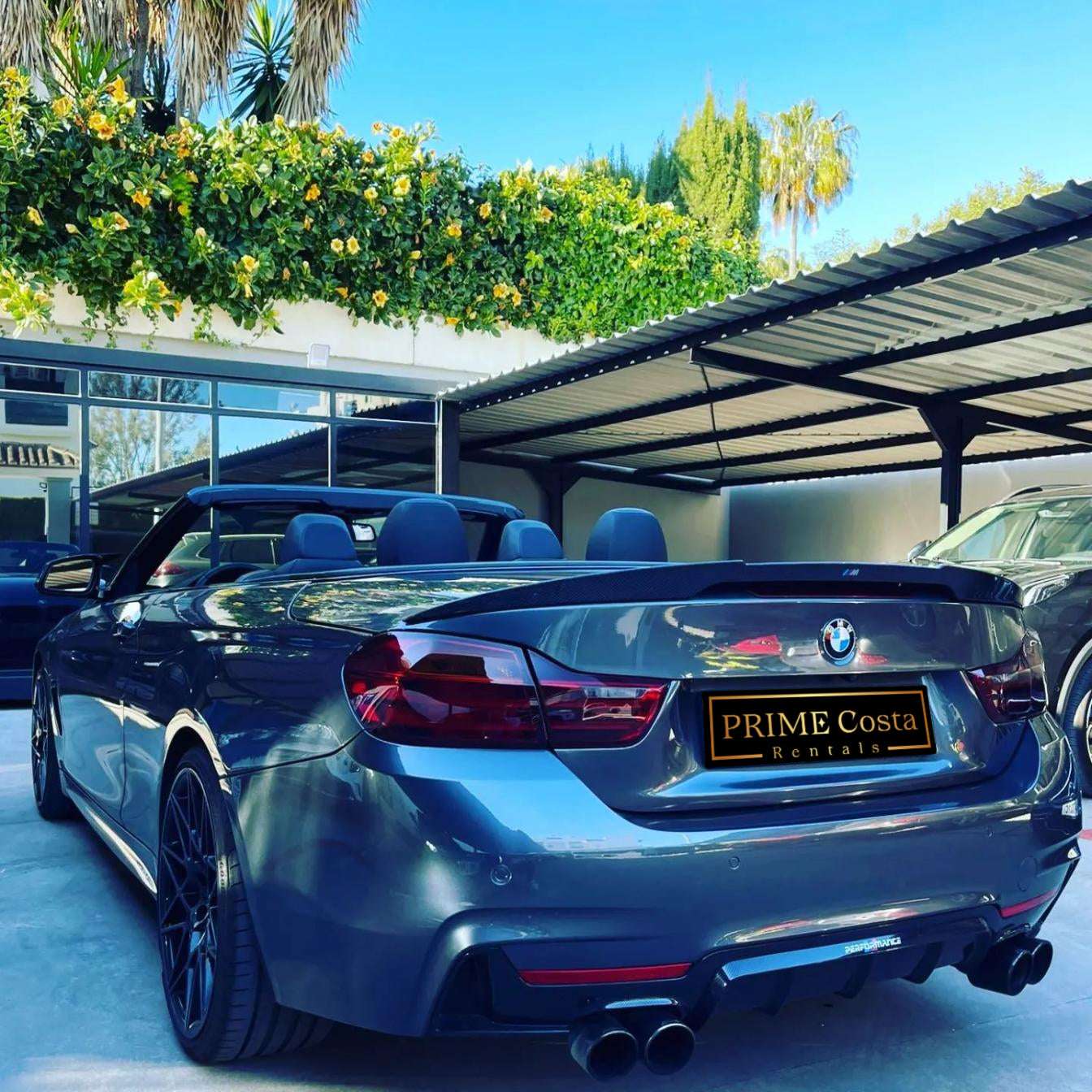Silver BMW 428M Cabrio for rent in Marbella – 2.0L engine, 230 HP, automatic convertible, 4 seats.