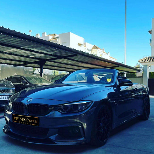 Silver BMW 428M Cabrio for rent in Marbella – 2.0L engine, 230 HP, automatic convertible, 4 seats.