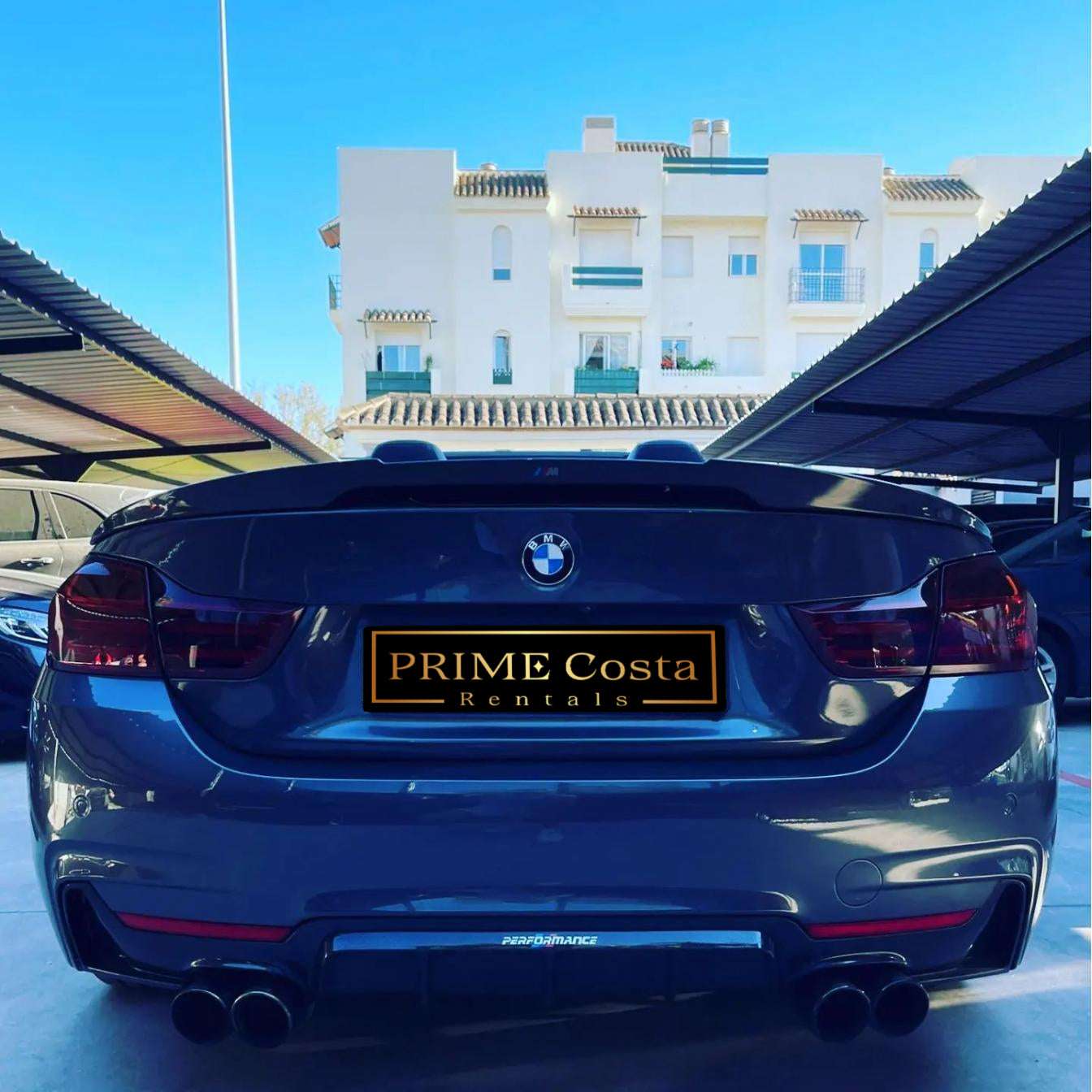 Silver BMW 428M Cabrio for rent in Marbella – 2.0L engine, 230 HP, automatic convertible, 4 seats.