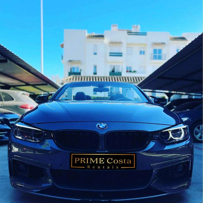 Silver BMW 428M Cabrio for rent in Marbella – 2.0L engine, 230 HP, automatic convertible, 4 seats.