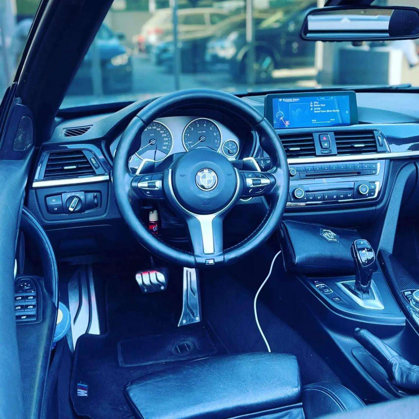 Silver BMW 428M Cabrio for rent in Marbella – 2.0L engine, 230 HP, automatic convertible, 4 seats.