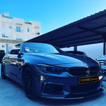 Silver BMW 428M Cabrio for rent in Marbella – 2.0L engine, 230 HP, automatic convertible, 4 seats.