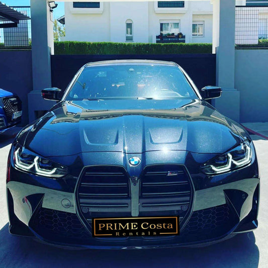 Black BMW M3 sedan for rent in Marbella – 480 HP, 3.0L automatic performance car with 0–100 in 3.9 seconds.