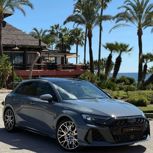 Audi RS3 Sportback 2025 performance hatchback for rent in Marbella – 300 HP, AWD, automatic.
