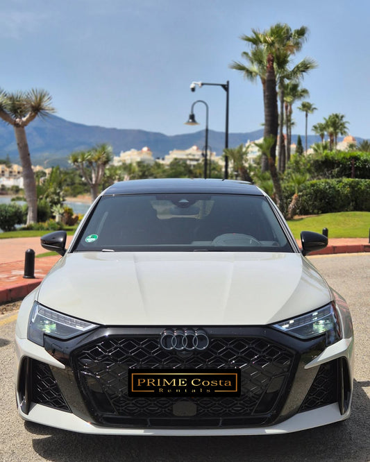 2025 Audi RS3 high-performance sedan for rent in Marbella – 400 HP, AWD, automatic.
