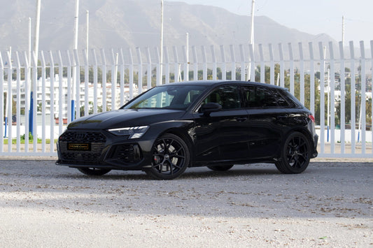 Black 2024 Audi RS 3 Sportback parked in Marbella, ready for rent from Prime Costa Rentals.
