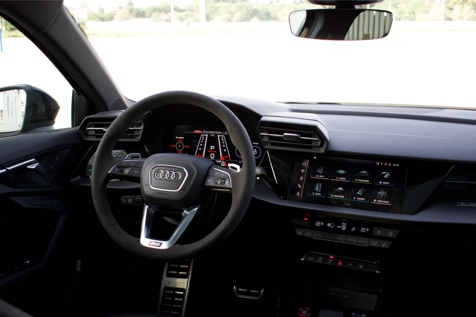 Black 2024 Audi RS 3 Sportback parked in Marbella, ready for rent from Prime Costa Rentals.
