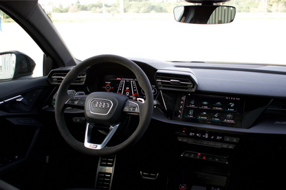 Black 2024 Audi RS 3 Sportback parked in Marbella, ready for rent from Prime Costa Rentals.
