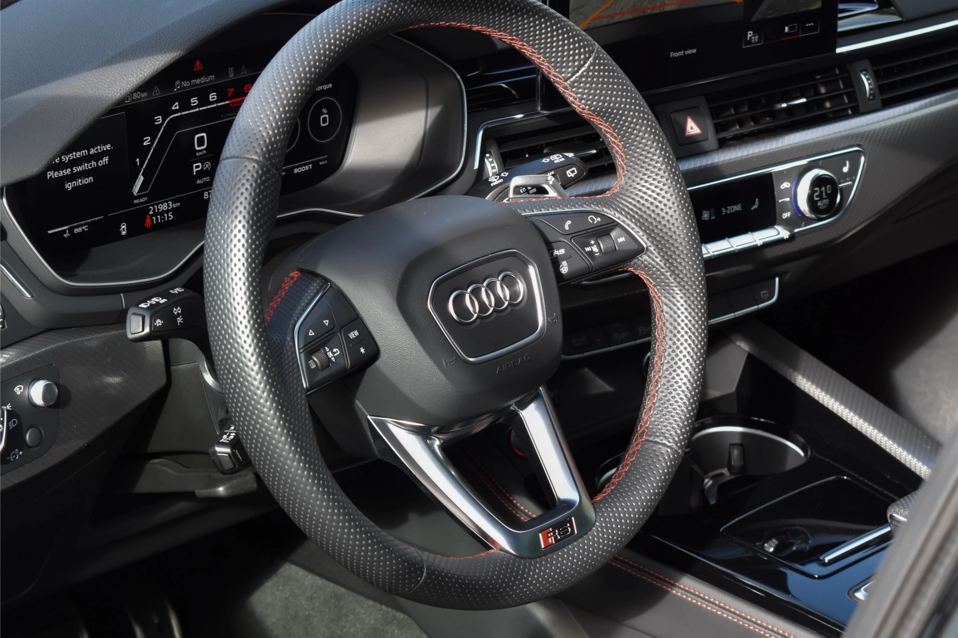 Black 2023 Audi RS 4 Avant sport wagon parked in Marbella, available for rent at Prime Costa Rentals.
