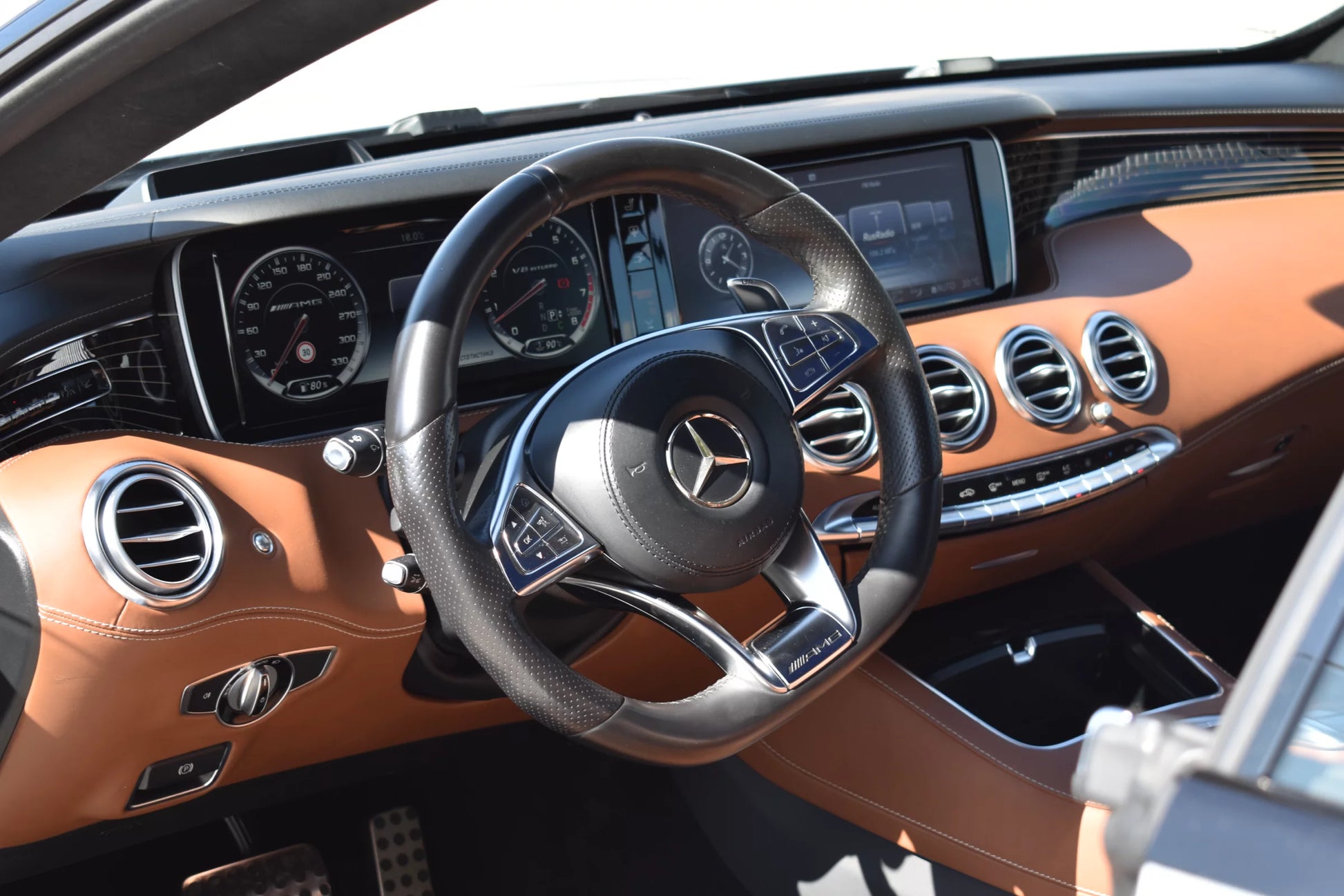 Grey 2017 Mercedes-AMG S 63 Coupe parked in Marbella, available for rent from Prime Costa Rentals.