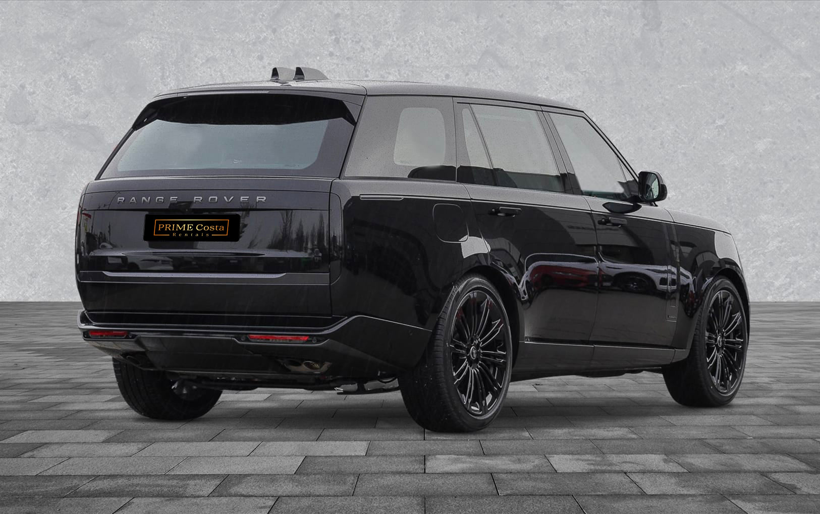 Black 2024 Range Rover Autobiography LWB parked in Marbella, available for rent from Prime Costa Rentals.
