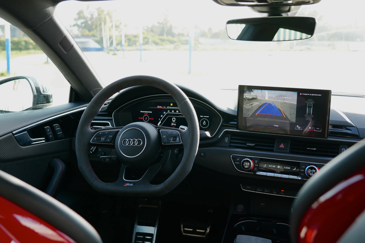 Black 2021 Audi RS 5 Sportback parked in Marbella, available for rent at Prime Costa Rentals.