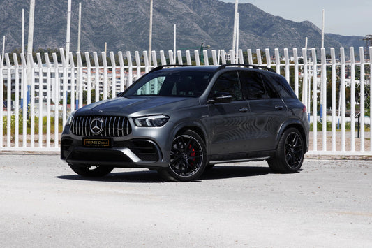 Grey 2022 Mercedes-AMG GLE 63 S SUV parked in Marbella, available for rent from Prime Costa Rentals.
