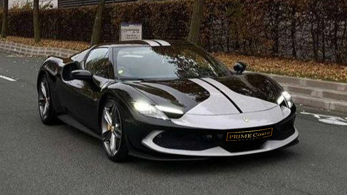 Ferrari 296 GTB front right side on the street with trees