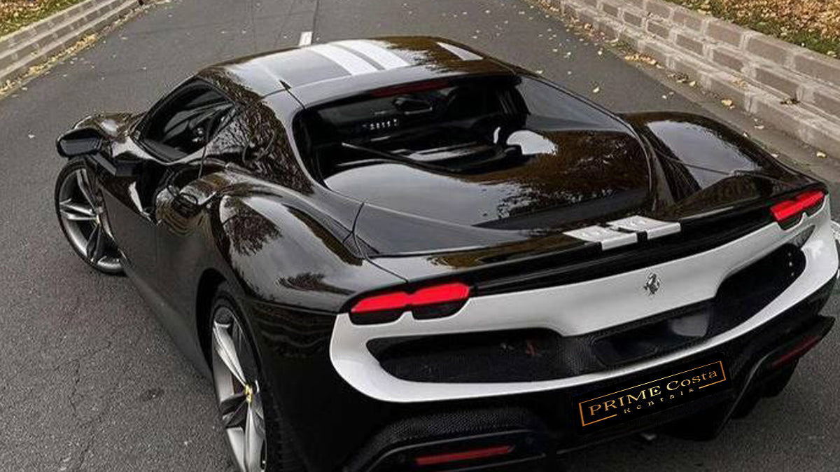 Ferrari 296 GTB back left side view on the street in autumn