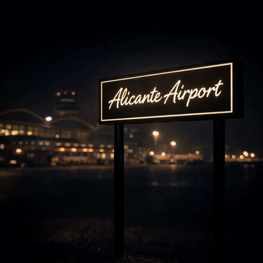 Alicante Airport ALC illuminated sign at night representing car hire location