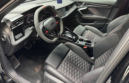 Audi RS3 2025 interior with sport bucket seats and automatic transmission – luxury performance rental
