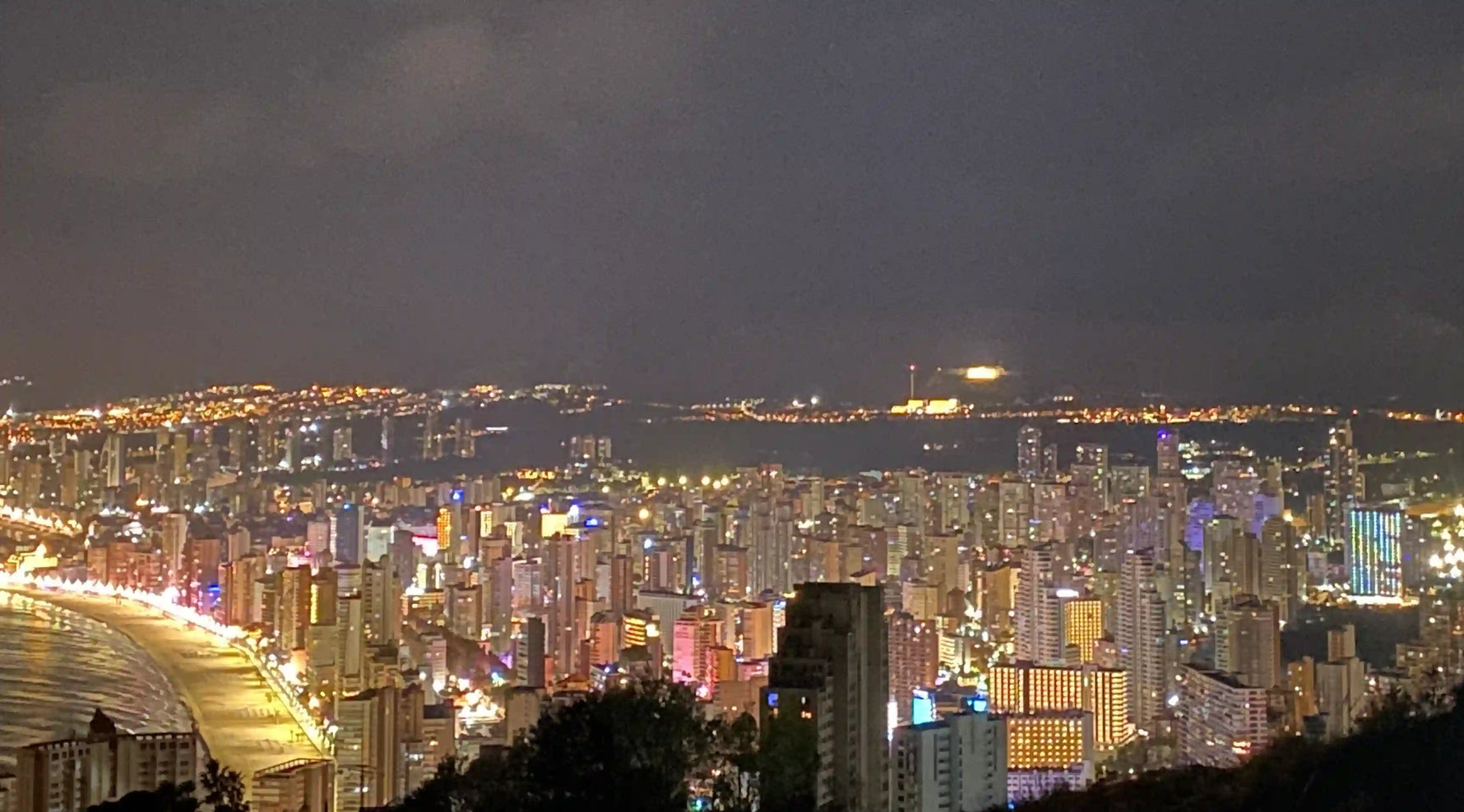 Night time panoramic view of city Benidorm in Spain