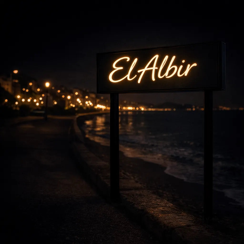 El Albir illuminated city sign at night representing car rental location
