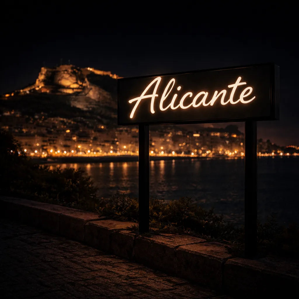 Alicante city illuminated sign at night representing car rental location
