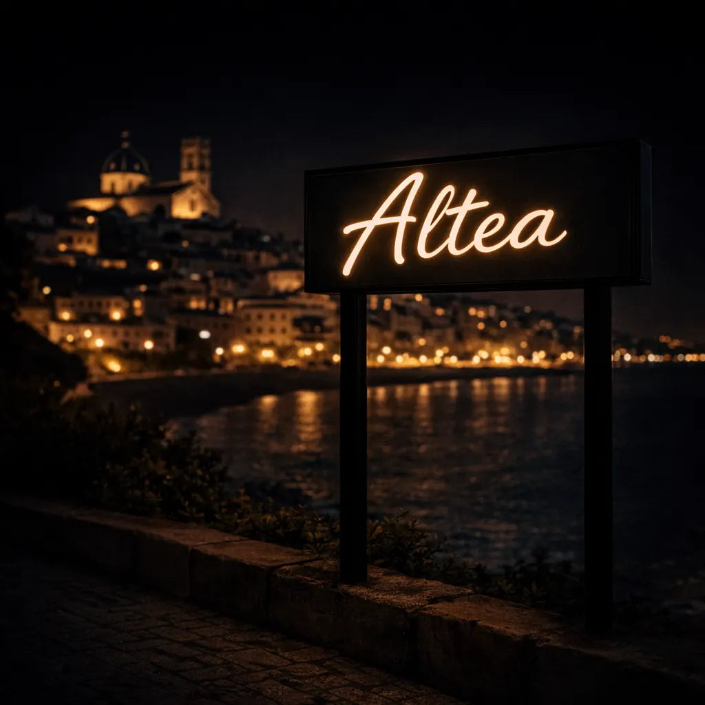 Altea illuminated city sign at night representing car rental location