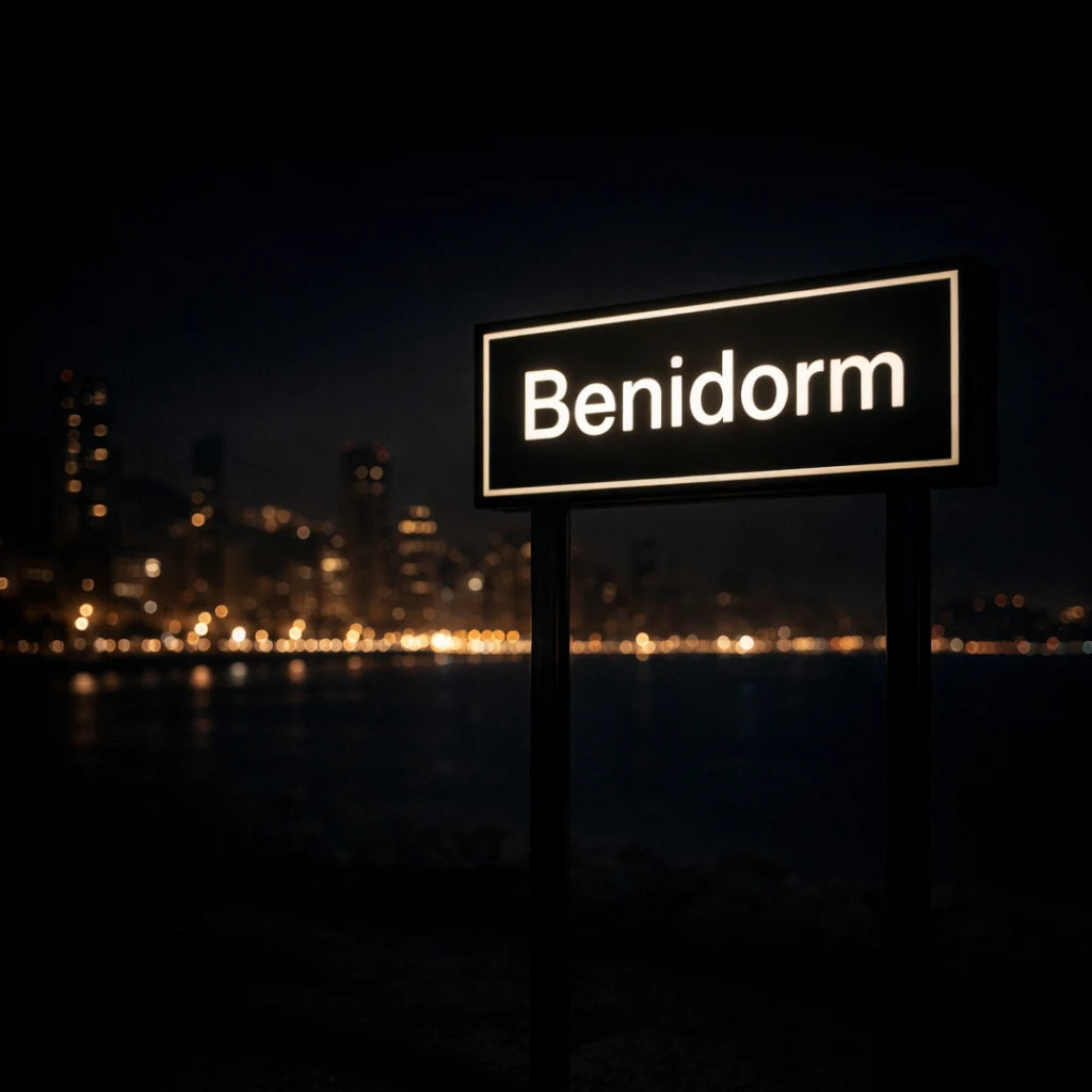 Benidorm illuminated city sign at night representing car rental location
