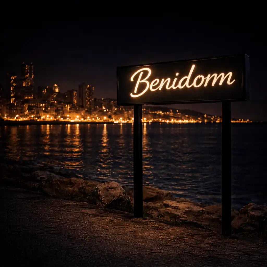 Benidorm illuminated city sign at night representing car rental location