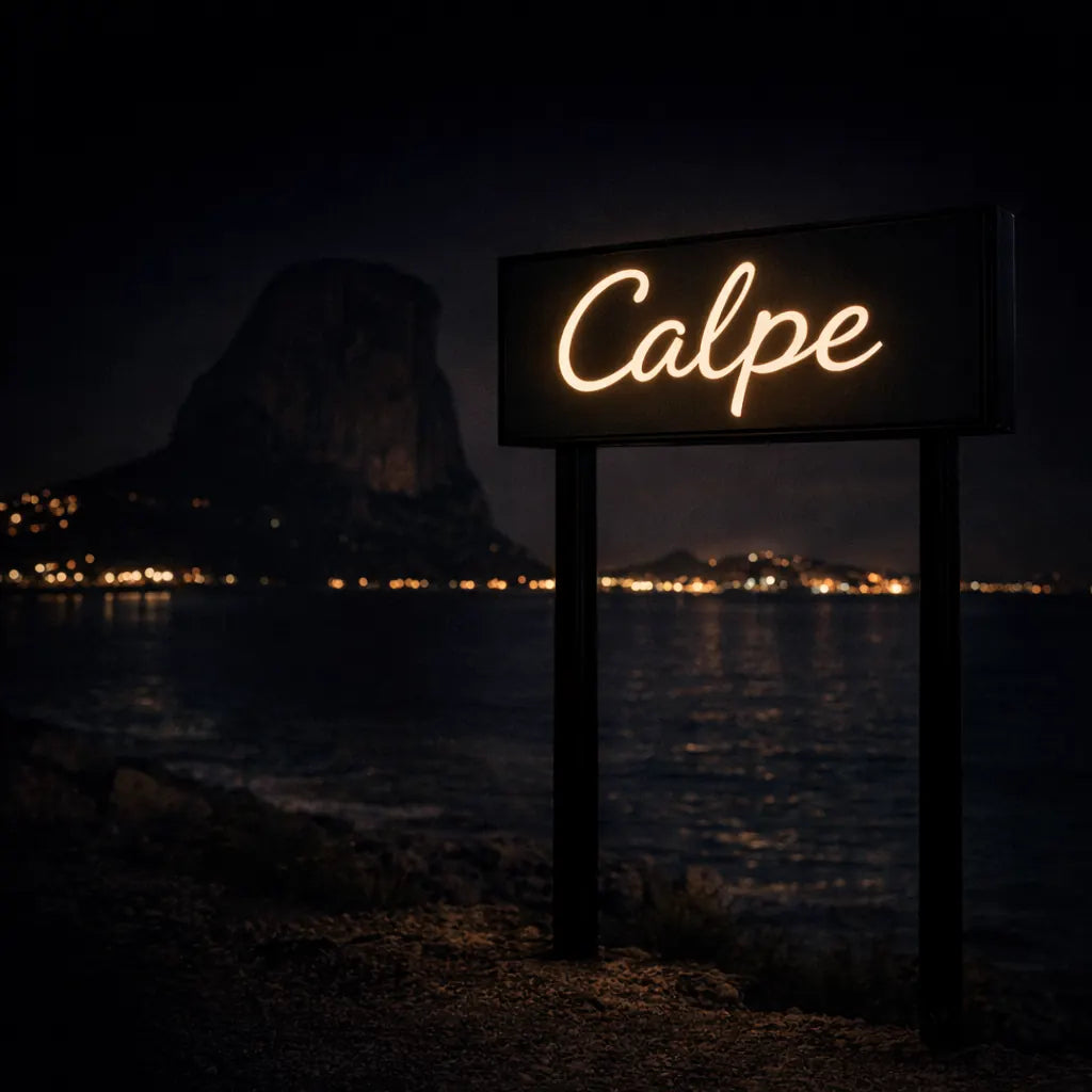 Calpe illuminated city sign at night representing car rental location