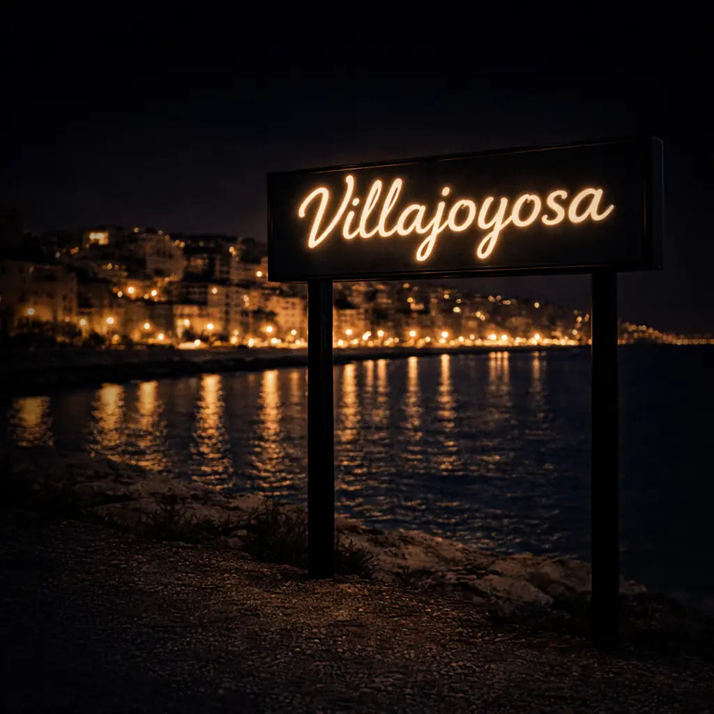 Villajoyosa illuminated city sign at night representing car rental location